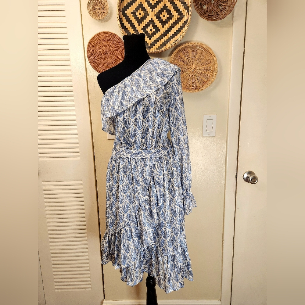 LAST ONE! White and Blue One Sleeve Ruffle Mini Dress With Wrap - Picture 8 of 13